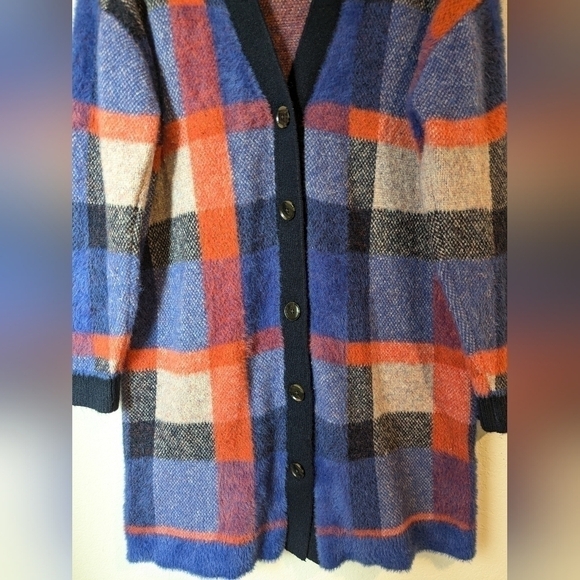 Ann Taylor Blue Orange Plaid Longline Button-Up Oversized Boyfriend Cardigan - Picture 8 of 13